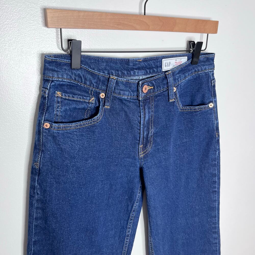 GAP 90s Loose Low Rise Jeans Petite 26 Dark Wash Wide Leg Baggy - Picture 5 of 11